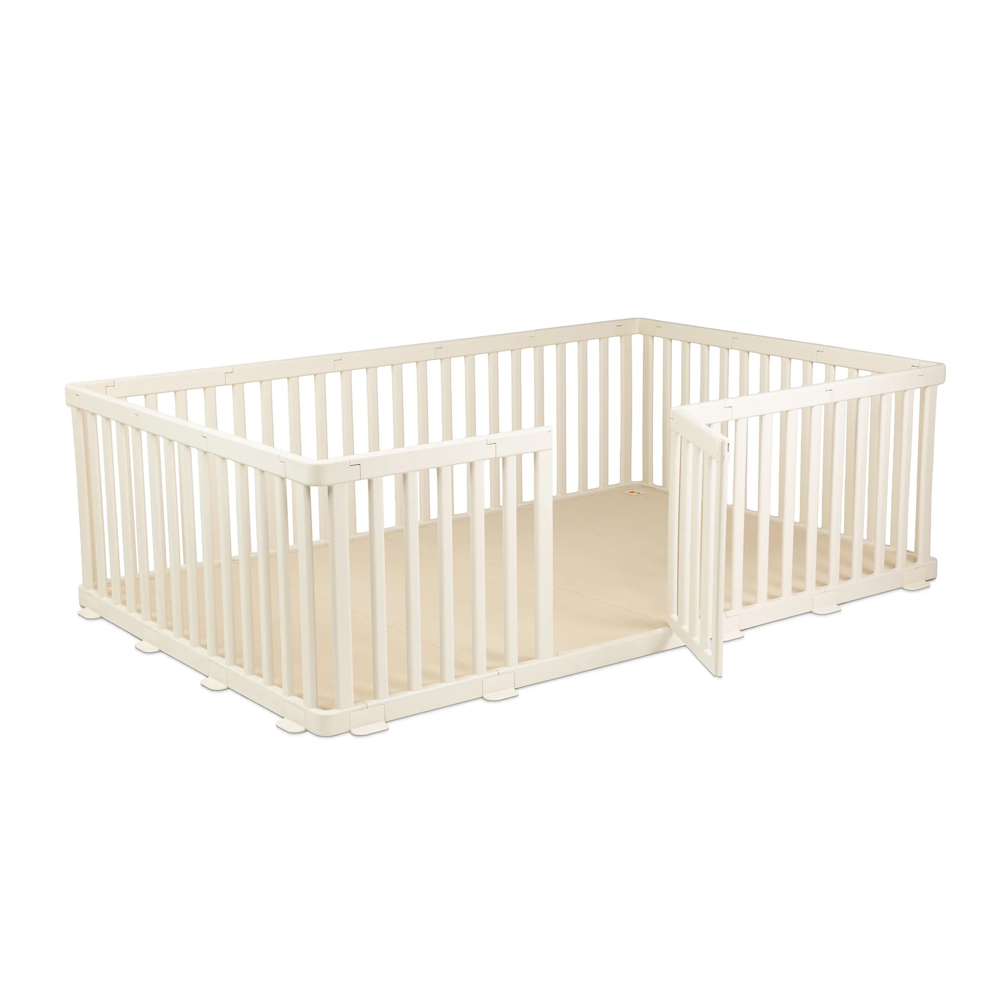 Taupe-playmat-and-white-playpen-with-the-door-open